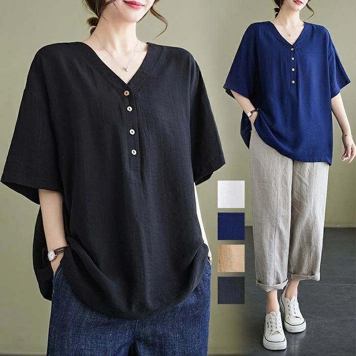 レディース シャツ Vネック 夏 チュニック ブラウス シャツブラウス 白シャツ ホワイトシャツ 半袖 tシャツ プルオ