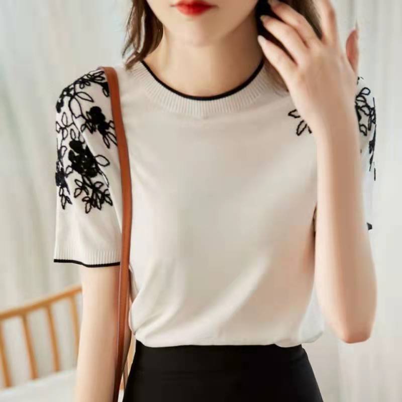 樂天商城 - レディース 春夏新作 40代 半袖 ニットトップス 白Tシャツ 花刺繍レション ショット丈ニットソー 薄手 ゆったりカットソ