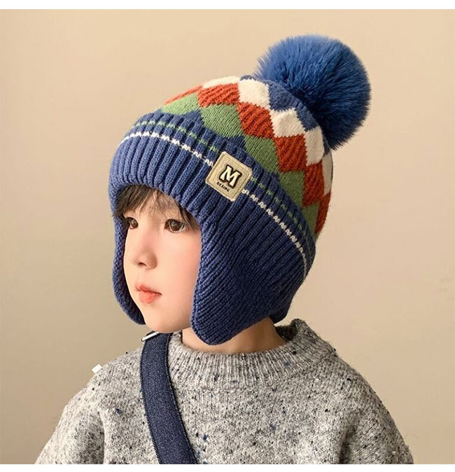 ニット帽 ニット素材 伸?性 イヤーフラップ 女の子 男の子 子供 こども キッズ キャップ ポンポン付き 秋冬 チ