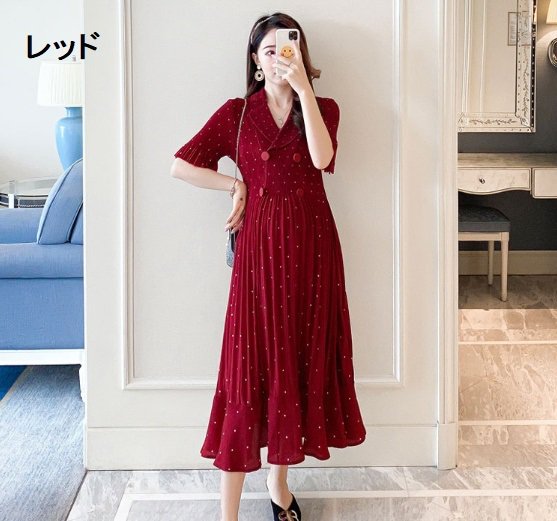 ワンピース ドレス Vネック プリーツ ドット 水玉 半袖 Aライン ハイウエスト お呼...