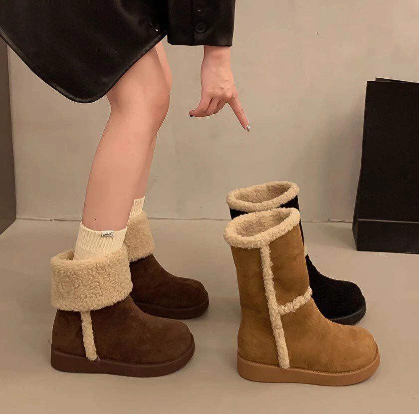 乐天商城 - レディース 全3色 2WAY ボアミドル丈ムートンブーツ ソール2.5cm あったか もこもこ 防寒 Y2K 韓国 人気 トレン