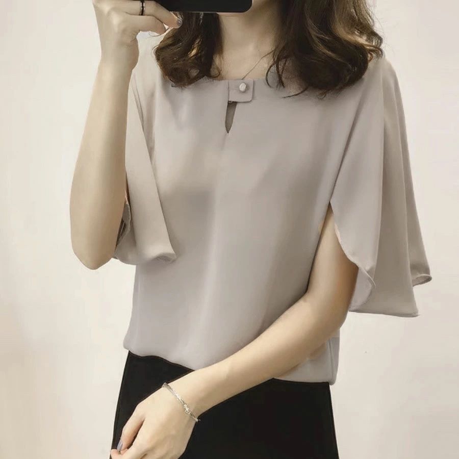 シワ カジュアル オフィス ボリューム袖 バルーン袖 シャツ カットソー シフォン オフィスブラウス 七分袖 レディース トップス