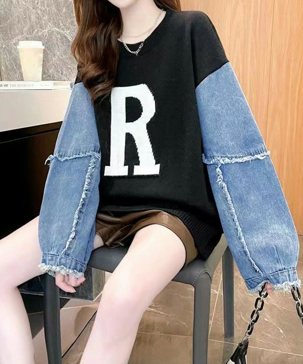 おし 着やせトップス ゆったり 秋冬 長袖ニットプルオーバー カジュアル レディース ニットトップス 韓国 切り替え デニムシャツ(4.0)