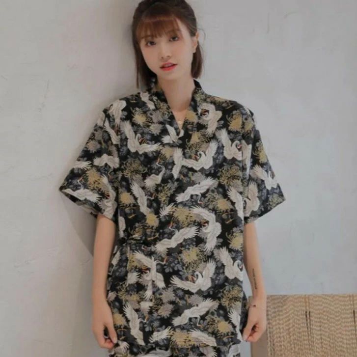 ワンオブゼムマートの甚平 甚平 大人用 鶴 じんべい ルームウェア 女性用 涼しい リネン 綿麻 和柄 和服 和装 甚平 浴衣柄 夏 夏祭り 部屋着 花火大｜アングル2
