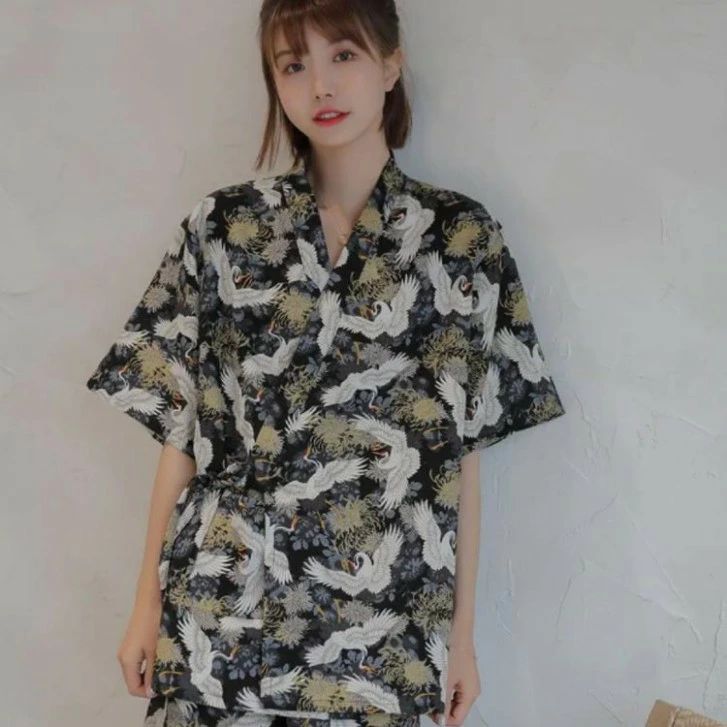 ワンオブゼムマートの甚平 甚平 大人用 鶴 じんべい ルームウェア 女性用 涼しい リネン 綿麻 和柄 和服 和装 甚平 浴衣柄 夏 夏祭り 部屋着 花火大｜アングル3