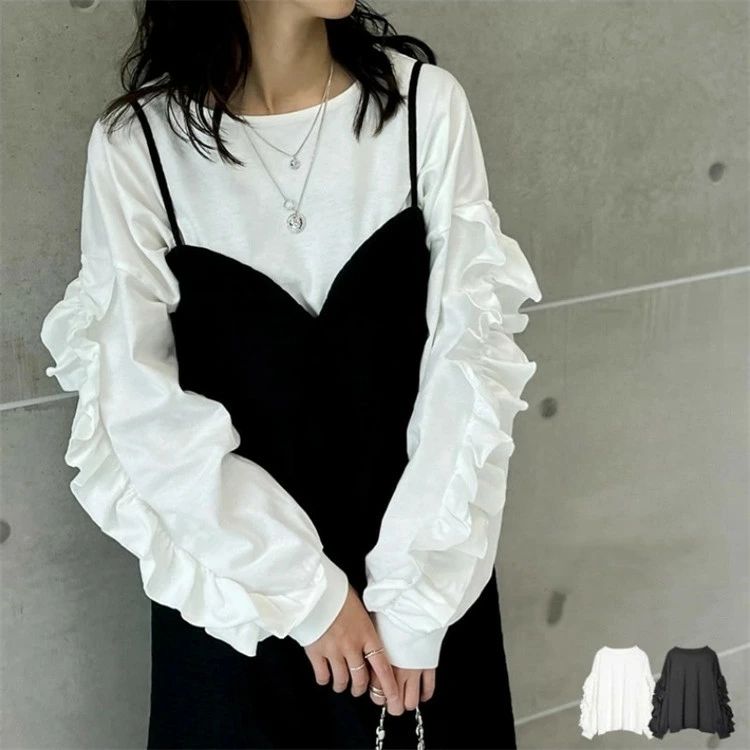 Other - 長袖tシャツ レディース ブラウス フリル裾 おしゃれ 春秋 夏 Tシャツ シャツ 長袖 ゆったり プルオーバー 丸首 ドロップショル