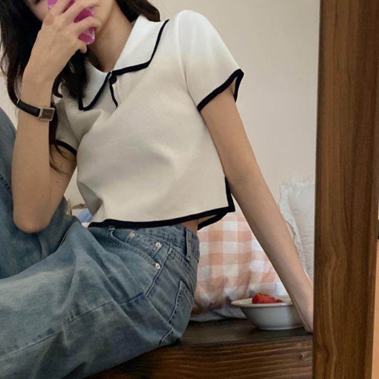 ワンオブゼムマートの半袖 ポロシャツ Tシャツ ニットトップス サマーニット レディース 折り襟 ニットシャツ 薄手ニット リブニット トップス プルオ｜アングル3