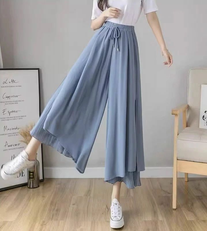 Rakuten - シフォンロングパンツ ワイドパンツ レディース 9分丈 ガウチョパンツ ウエストゴム ボトムス 大きい サイズ 伸縮性 美脚 肌触り
