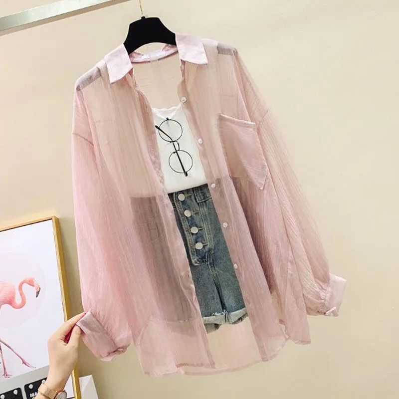 乐天商城 - レディース 春夏 シャツ ブラウス 透け感 冷房対策 ゆったり カジュアル シンプル 紫外線対策 長袖 薄手 着痩せ シャツ オフィ