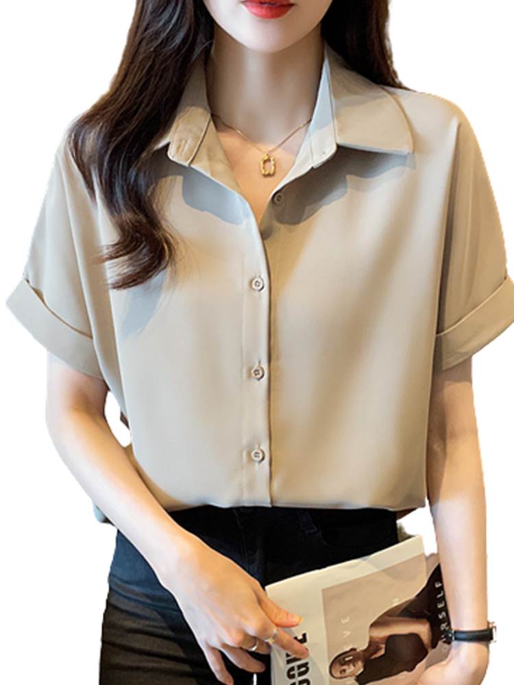 Rakuten - ブラウス 半袖 襟付き シャツカラー ボタン 前開き 送料無料 個性的 S M L XL ベージュ 白 かわいい 大人可愛い きれいめ シンプ