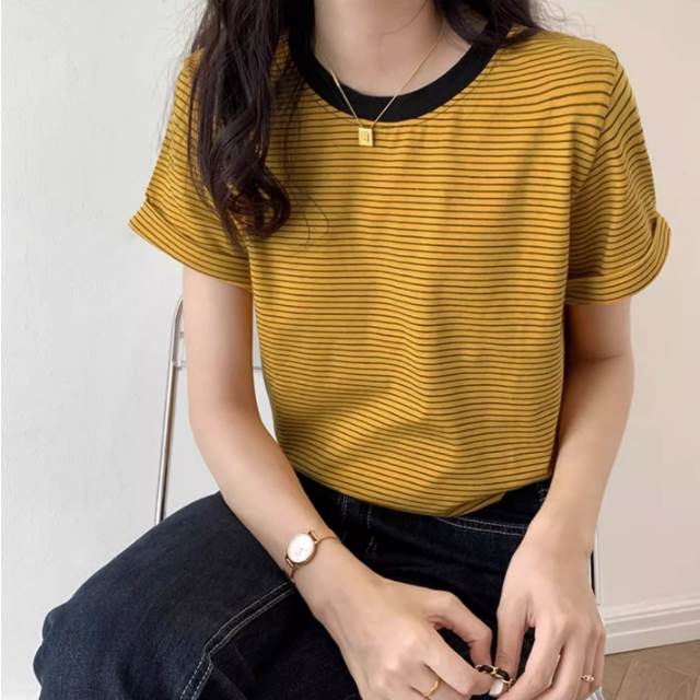 Rakuten - ストライプシャツ Tシャツ 半袖 サマードレス シャツ ルーズ ラウンドネック プルオーバー 夏 レギュラー丈 通勤 5分丈 ゆったり