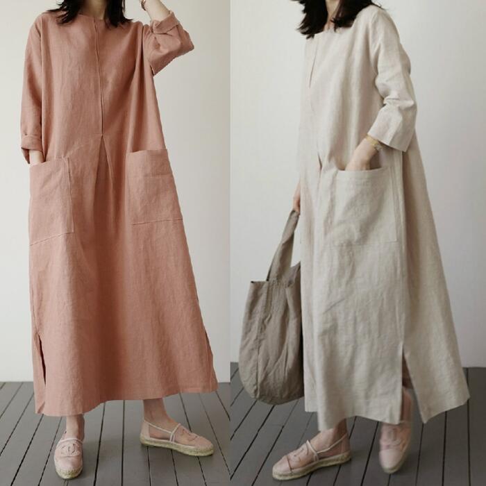 Rakuten - リネン ワンピース ナチュラル 七分袖 涼しい コットン 綿 麻 おしゃれ 袖あり ロング丈 ミモレ丈 カジュアル レディース ワンピ