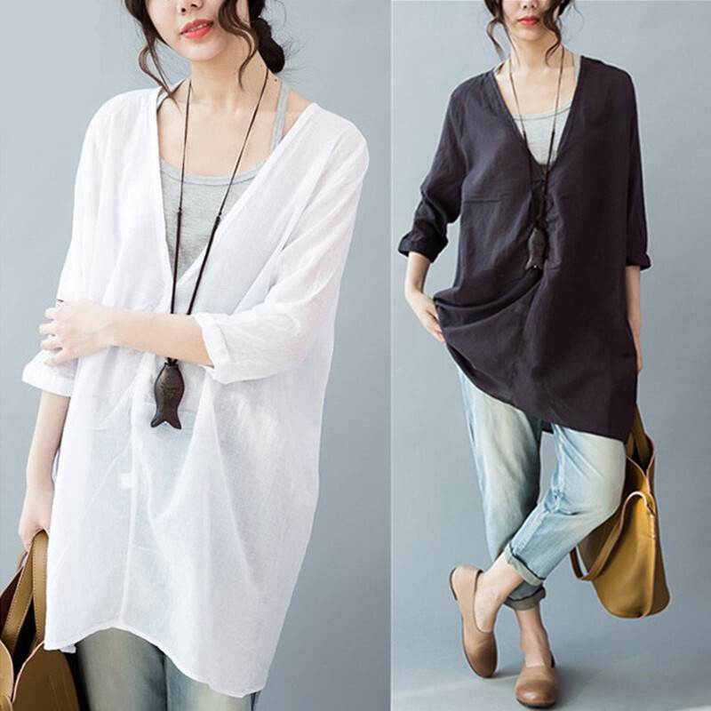 Ensembles - シャツ キャミソール ロング丈 7分袖 Vネック ボタン 綿 透け感 ストレート 大人可愛い きれいめ 大人 上品 おしゃれ お洒落 レ