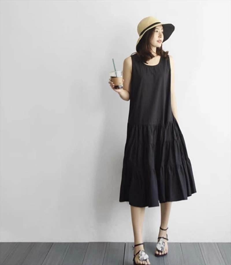 Rakuten - フレアワンピース ロング丈 ノースリーブ ラウンドネック フレア Aライン S M L XL 2XL フリル プルオーバー かわいい きれいめ