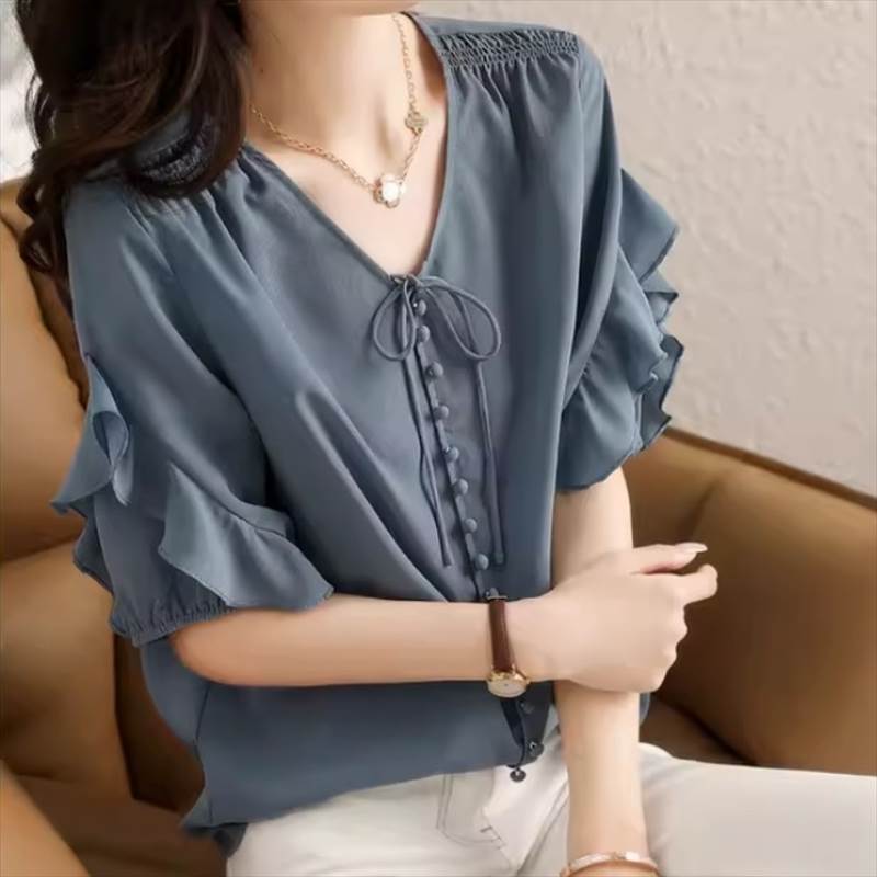 Rakuten - Tシャツ ブラウス Vネック パフスリーブ リボン ニッチデザイン フリル 飾りボタン S M L XL 2XL 無地 夏 春 秋 ゆったり 通勤