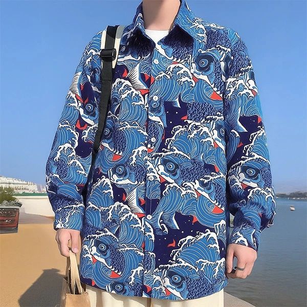 Rakuten - 柄シャツ 和柄 魚柄 フィッシュ柄 波柄 こいのぼり柄 ブルー 青 和モダン 日本画 葛飾北斎風 長袖 長袖シャツ オーバーサイズ 衣装 韓国 大きいサイズ 個性的 春服 夏服 秋服 冬服