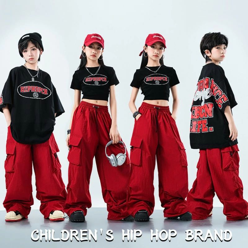 キッズ ダンス衣装 ヒップホップ ヘソ出し ブラックTシャツ イージーパンツ レッド ジャズ シンプル ゆるTシャツ 半袖 子供服 カーゴパンツ ロング丈 女の子 男の子 ジャズダンス衣装 ステージ衣装 おしゃれ 練習着 応援団 チアダンス 体操服 HIPHOP JAZZ 発表会 演出服
