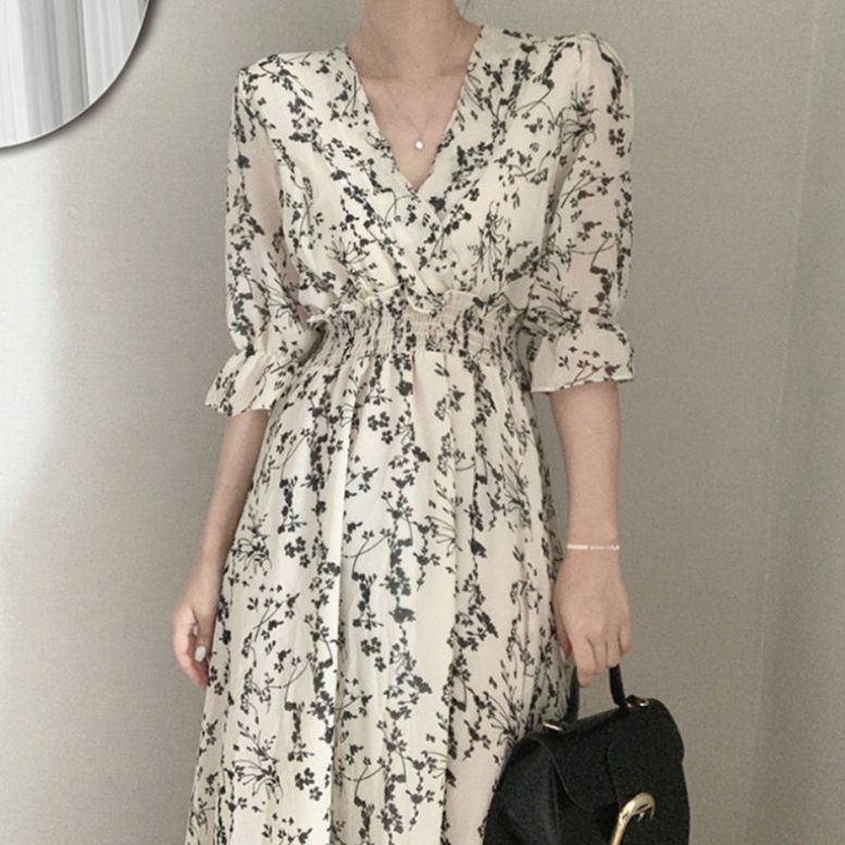 花柄 ワンピース ドレス カシュクール シャツ フレア Aライン プリント フリル キャンディースリーブ ロング 5分袖 パフスリーブ