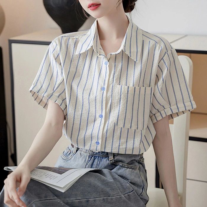 Other - レディース 夏 半袖 ブラウス トップス シャツ おしゃれ 前開きボーダー柄ブラウスレディース Tシャツ カジュアル 体型カバー