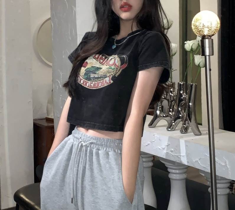 乐天商城 - ショート丈 レトロ 柄 半袖 Tシャツ トップス カットソー ラウンドネック 襟なし かわいい 大人可愛い カジュアル 大人 おしゃれ