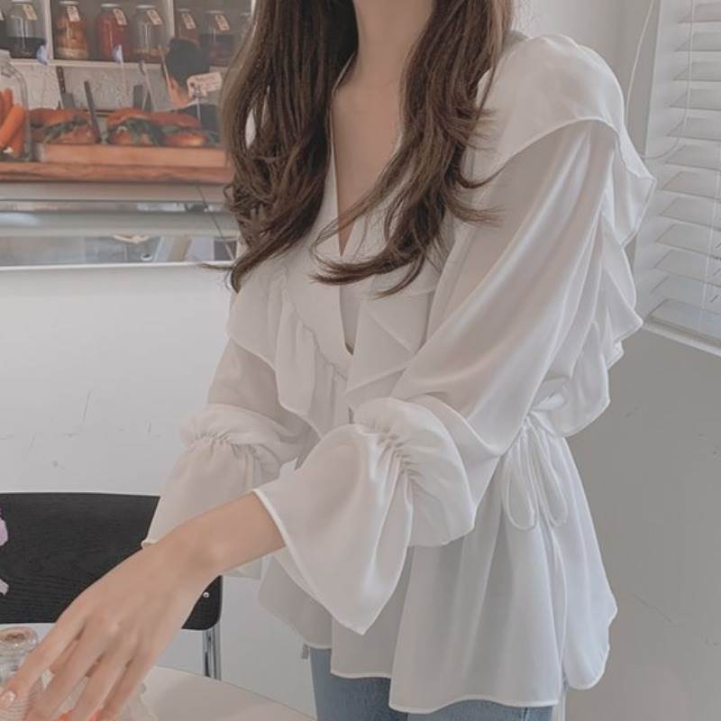 Rakuten - ブラウス トップス ラッフルフリル クロスオーバー Vネック 長袖 キャンディスリーブ ハイウエスト 切り替え サイドリボン 脚長