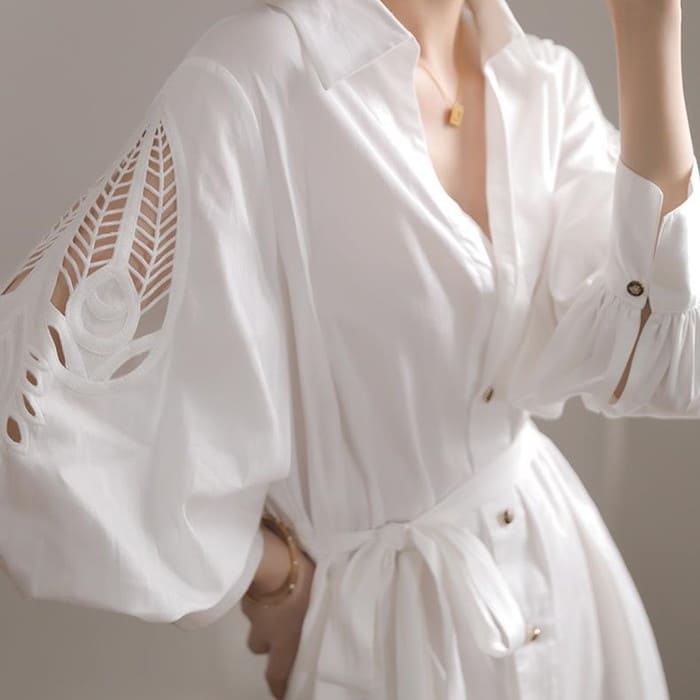 Rakuten - レディース 袖レース ウエストリボン チュニック ロングシャツ 春夏 ワンピース 上品 きれいめ カジュアル お呼ばれ 通勤 旅行