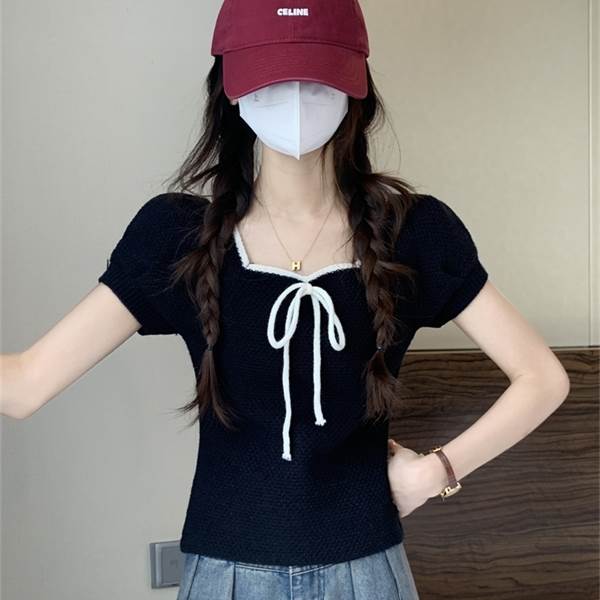 トップス ニット サマーセーター 半袖 ペンタゴンネック フェミニン パイピング リボン パフスリーブ かわいい 大人可愛い きれ