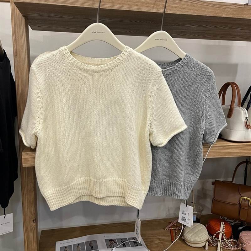 乐天商城 - サマーニットシャツ レディース トップス シャツ カットソー ニット サマーセーター サマーニット 上着 Tシャツ クロップド丈 半