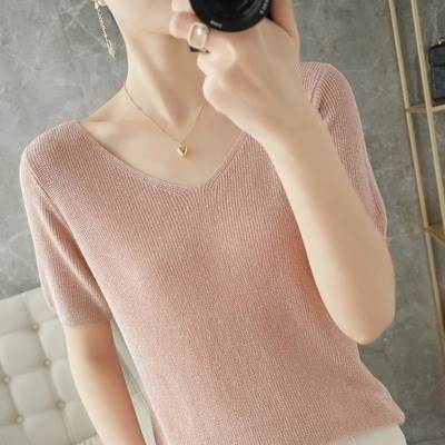 Rakuten - レディース クール 襟なし シンプル ニット トップス プルオーバー Vネック 半袖 ストレート おしゃれ マニッシュ こなれ感 かっ