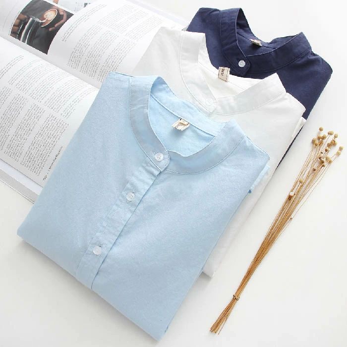 Rakuten - シャツ レディース ブラウス スーツ インナー トップス 無地 長袖 スタンドカラー ノーカラー ワイシャツ 綿 コットン ビジネス オフィス 通勤 OL 春 秋 カジュアル こなれ感 ゆったり 女性らしい 着?せ 大きいサイズ きれいめ