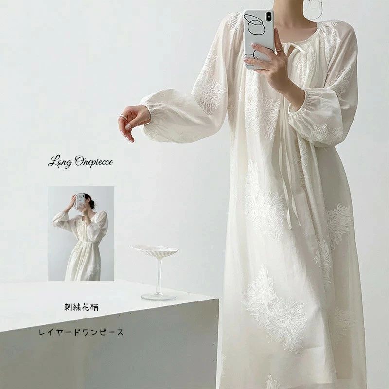 Rakuten - ロング 長袖 ワンピース 長袖ワンピース レディース ワンピ 夏 春 ロング丈 Aライン 体型カバー Aラインワンピース ミモレ ロン