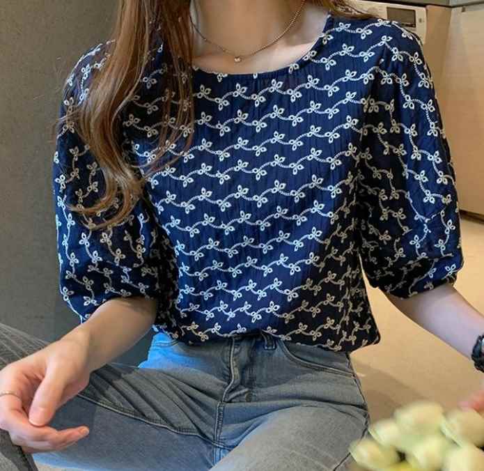 Other - レディース トップス シャツ ブラウス 半袖 5分袖 ボリューム袖 パフスリーブ 刺繍 かわいい 大人可愛い きれいめ シンプル カジ