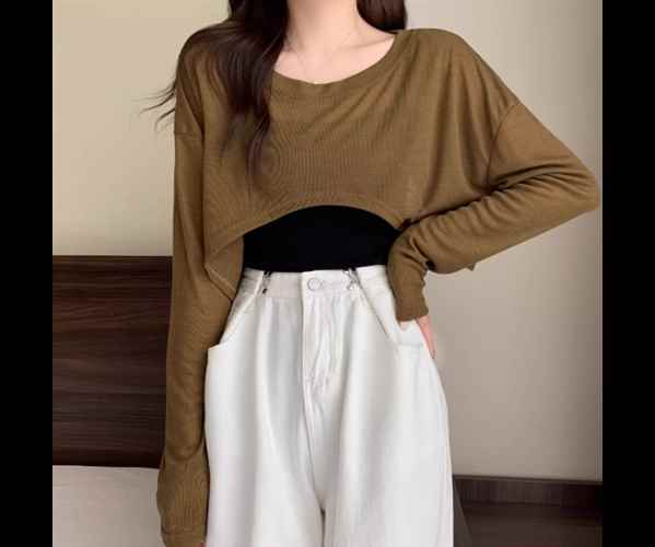 Ensembles - 二点セット ツーピース レディース トップス カットソー プルオーバー ショート クロップド丈 長袖 ラウンドネック 2way ストレ
