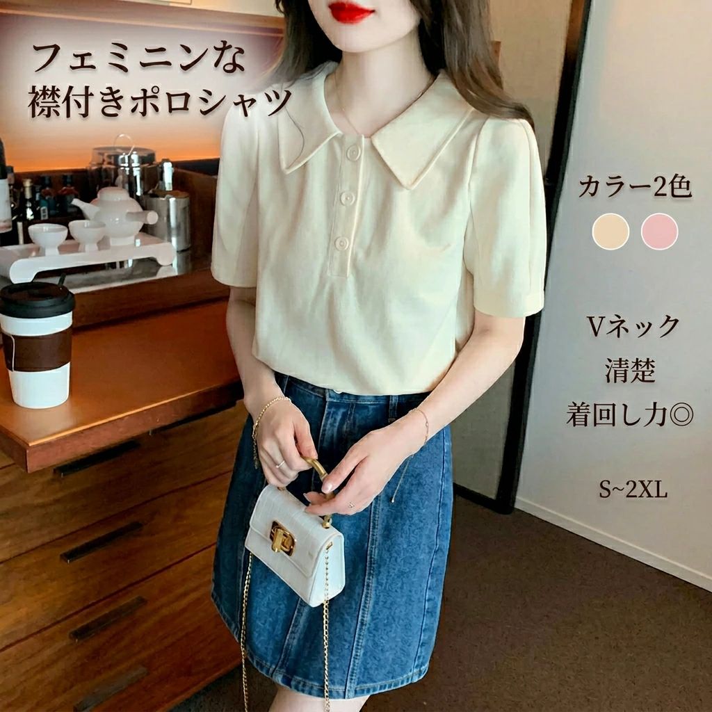 樂天商城 - ポロシャツ 半袖 Vネック 襟付き フェミニン かわいい 可愛い レディース シンプル カジュアル おしゃれ かっこいい レトロ こ