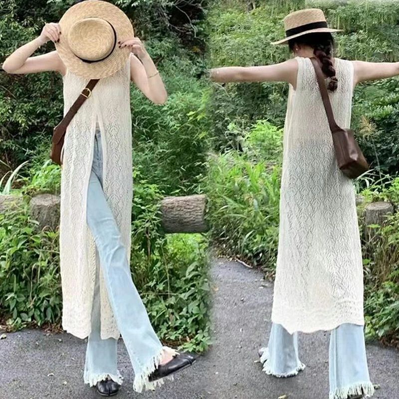 Rakuten - ロングワンピース レース 袖なし 透かし編み スリット サマーニット 重ね着 レイヤード 透け感 体型カバー 薄手 ノースリーブ リ