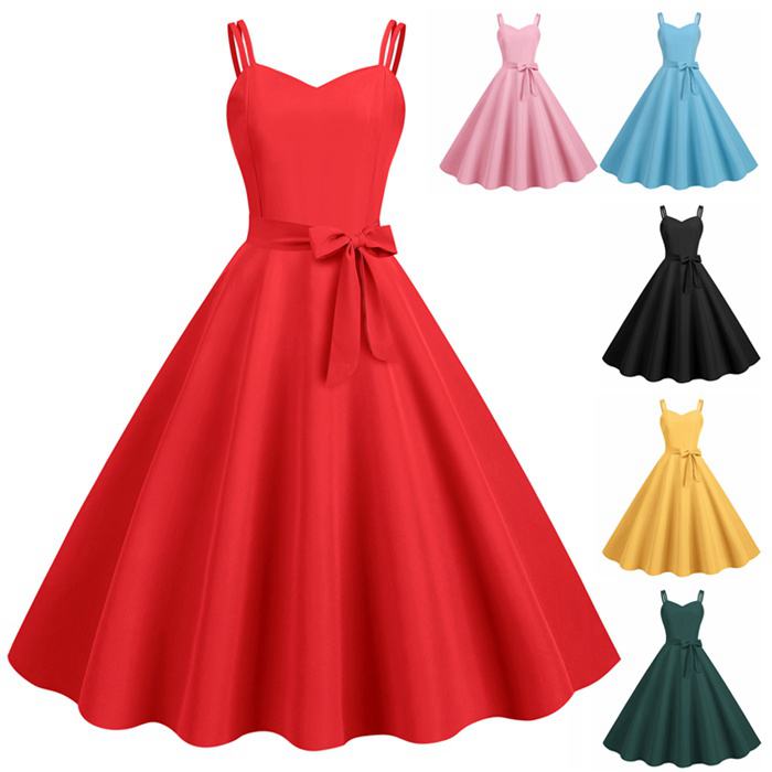 Rakuten - キャミソールワンピース レトロワンピース レディース 夏 夏服 フレアワンピース ロングワンピース リポン ベルト付き Aライン