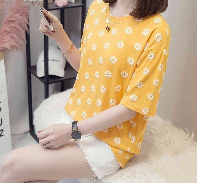夏 春 普段着 おしゃれ かわいい カジュアル 楽ちん Tシャツ ゆったり ラウンドネック デイジー 半袖 プリント 花柄 トップス