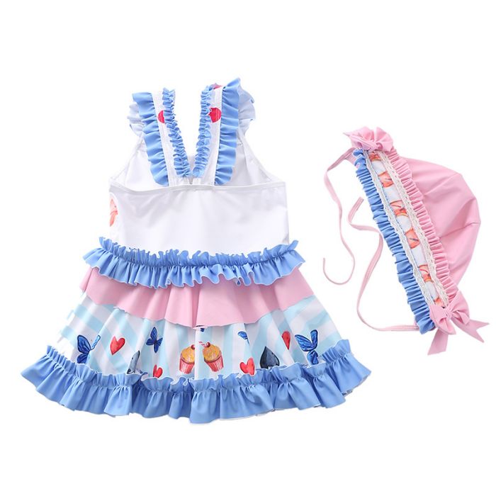 女の 子供水着 キャップ付き キッズ水着 紫外線防止 UVカット 2点セット 80 フリル...