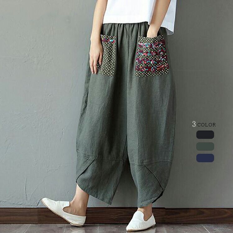 【商品情報】 ■サイズ(cm) 表示サイズ：M/L/XL/2XL/3XL/4XL 総丈：84/86/88/90 ウエスト：66-90/70-94/74-100/78-110(ゴム式) ■備考 【素材】綿麻 【セット内容】パンツ単品 【裏地】なし 【透け感】なし 【伸縮性】なし ※寸法は手測りなので若干誤差がございますが、ご了承くださいませ。 ※お品物の色合いは、写真撮影、パソコン画面表示等の環境の違いにより、若干異なる場合がございますので予めご了承くださいませ。