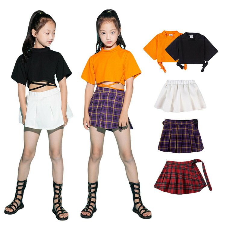 樂天商城 - ダンス衣装 ヒップホップ チアガール 女の子 黒シャツ オレンジ トップス へそ出し スカート 白 チェック柄 ダンス衣装 ジャズ
