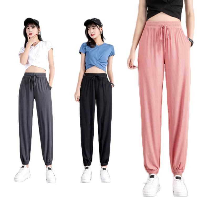 Rakuten - ウエ 接触冷感 カジュアル シンプル ハイウエスト 無地 送料無料 パンツ ロングパンツ 着痩せ 裾ゴム ゆったり 春夏 運動パンツ