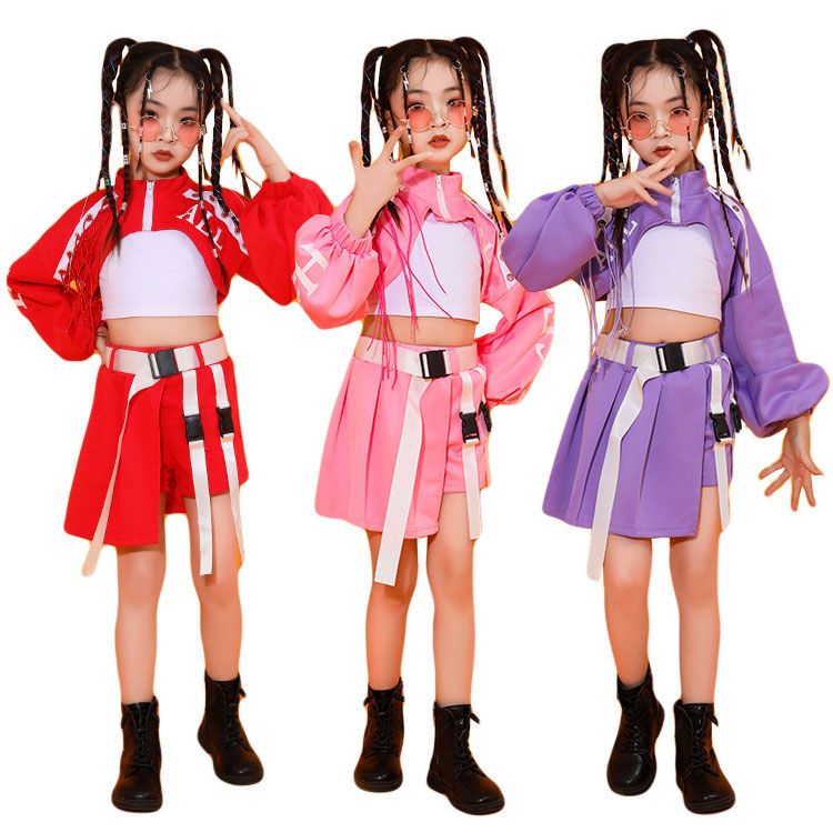 Rakuten - カッコイイ 可愛い ヒップホップ ジャズ k-pop 韓国 ベルトおまけ チアガールズ 3点セット へそ出し 女の子 キッズ ダンス衣装