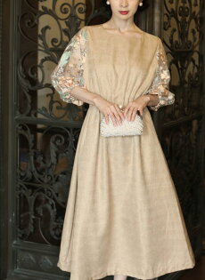 ▼▼S〜M/L〜2L(予約展示会)(ベージュ)「frenchpave」花袖レースのブラックタックワンピース2月19日22時販売新作/S/M/L/2L