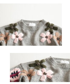 ▼▼(グレー)「french」袖元に咲いた花刺繍のほっこりニットトップス9月29日22時販売新作