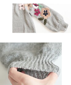 ▼▼(グレー)「french」袖元に咲いた花刺繍のほっこりニットトップス9月29日22時販売新作