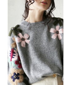 ▼▼(グレー)「french」袖元に咲いた花刺繍のほっこりニットトップス9月29日22時販売新作