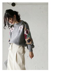 ▼▼(グレー)「french」袖元に咲いた花刺繍のほっこりニットトップス9月29日22時販売新作