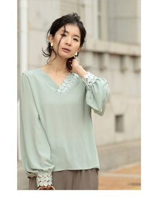▼▼S〜L/2L〜3L(ミントグリーン)「frenchpave」frenchpaveオリジナル。ドットレースのアシンメトリーネックブラウストップスS/M/L/2L/3L12月19日22時販売新作