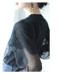 ▼▼「frenchpave」上品な透け感。レース重なるシアースリーブトップス2月13日22時販売新作