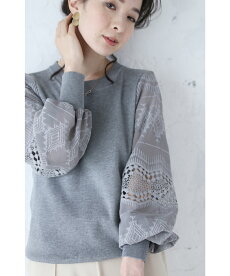 ▼▼(グレー)「frenchpave」トライバル刺繍とレースのシアーポワン袖トップス2月24日22時販売新作